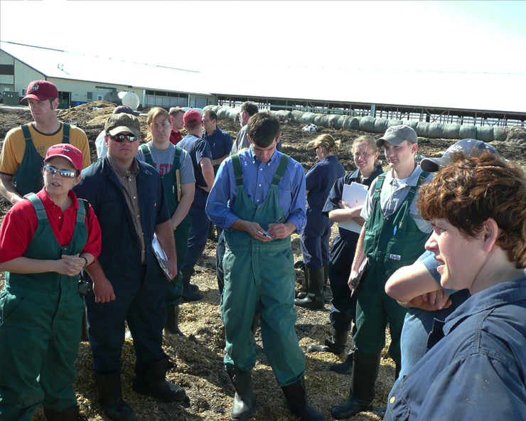 A group of young veterinarians listen to instruction.